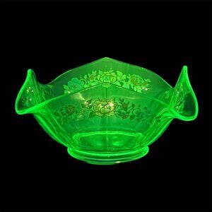 Vintage Uranium Glass Hand Painted Floral Bowl Green Depression Glass 9 Inch